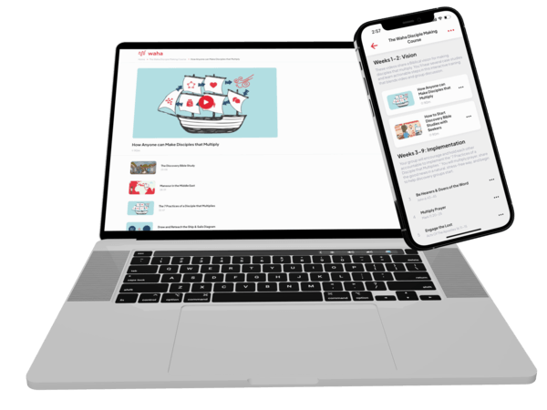 Laptop and phone showing the Waha Disciple Making Course